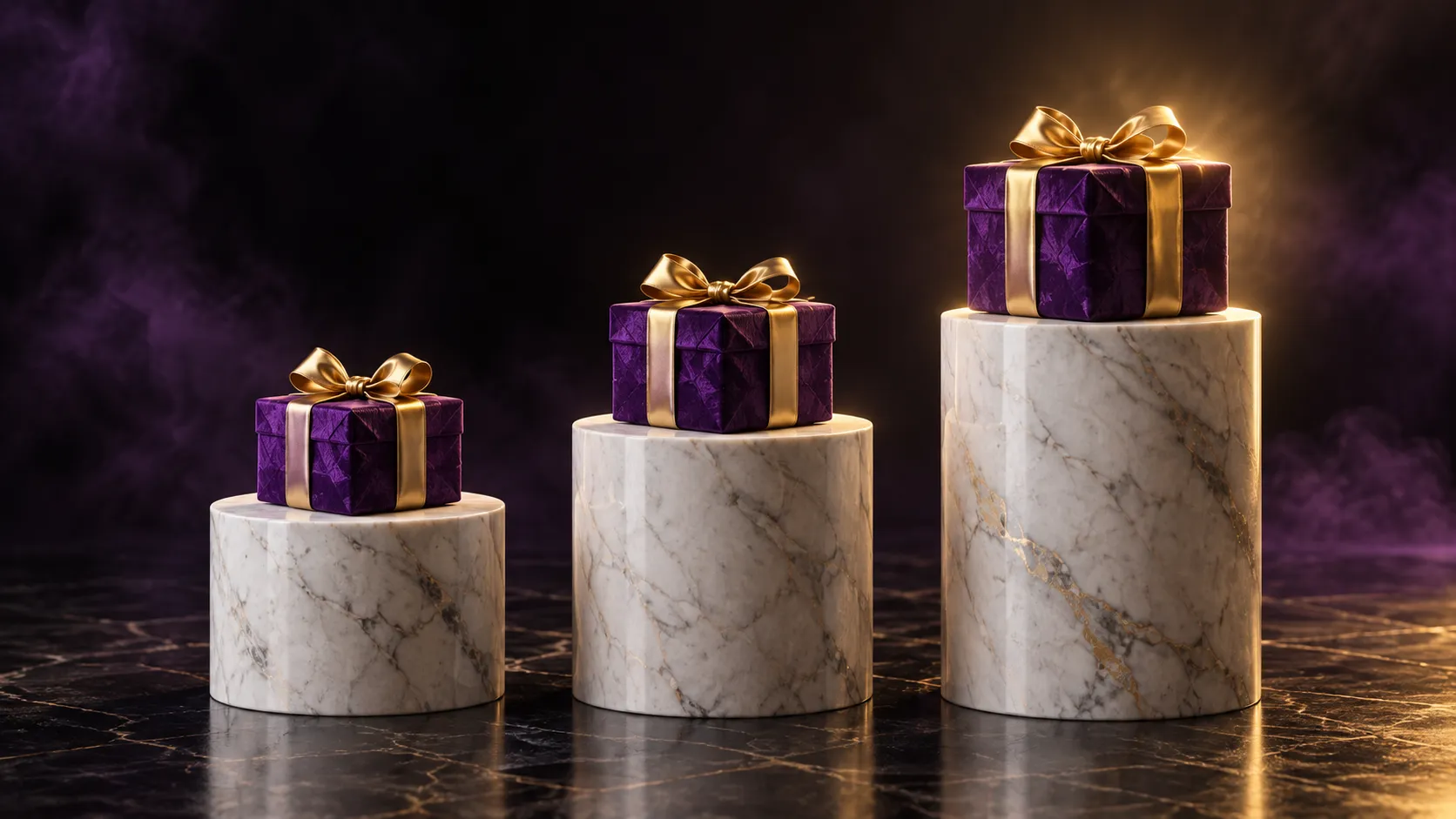Four gold-lit plinths standing in for the four Here2Win Casino welcome steps