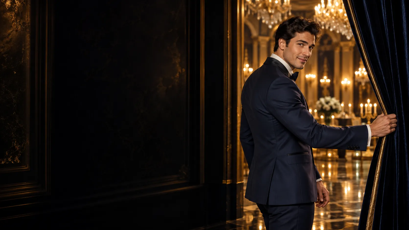 Man in a midnight-blue suit holding back a velvet curtain at a ballroom gala