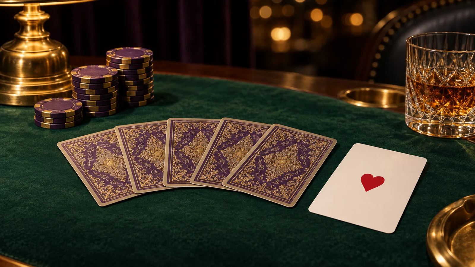 A card table setting reflecting the range of styles across Here2Win Casino's pokie library