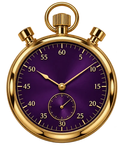 A stopwatch with a purple face and gold casing, a reminder to time your session