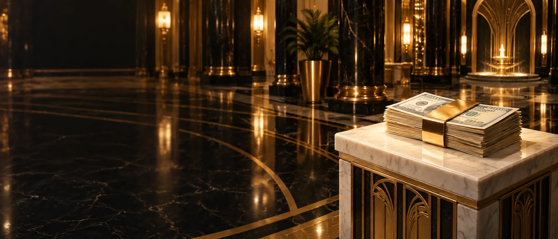 Stack of banknotes in a gold clip on a marble pedestal in an art-deco foyer