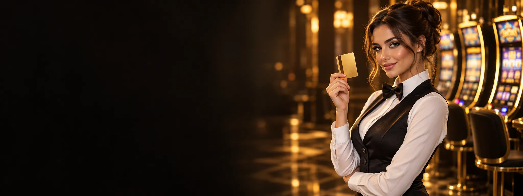 Croupier holding up a gold key card on a glowing slot machine floor