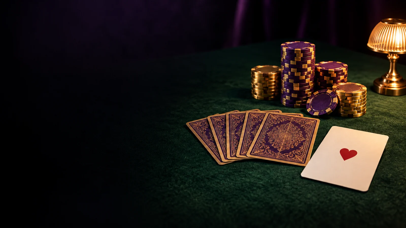 Fanned playing cards and casino chips resting on green felt