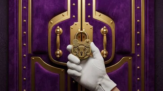 Close-up of purple vault doors with gold fittings and a hanging padlock
