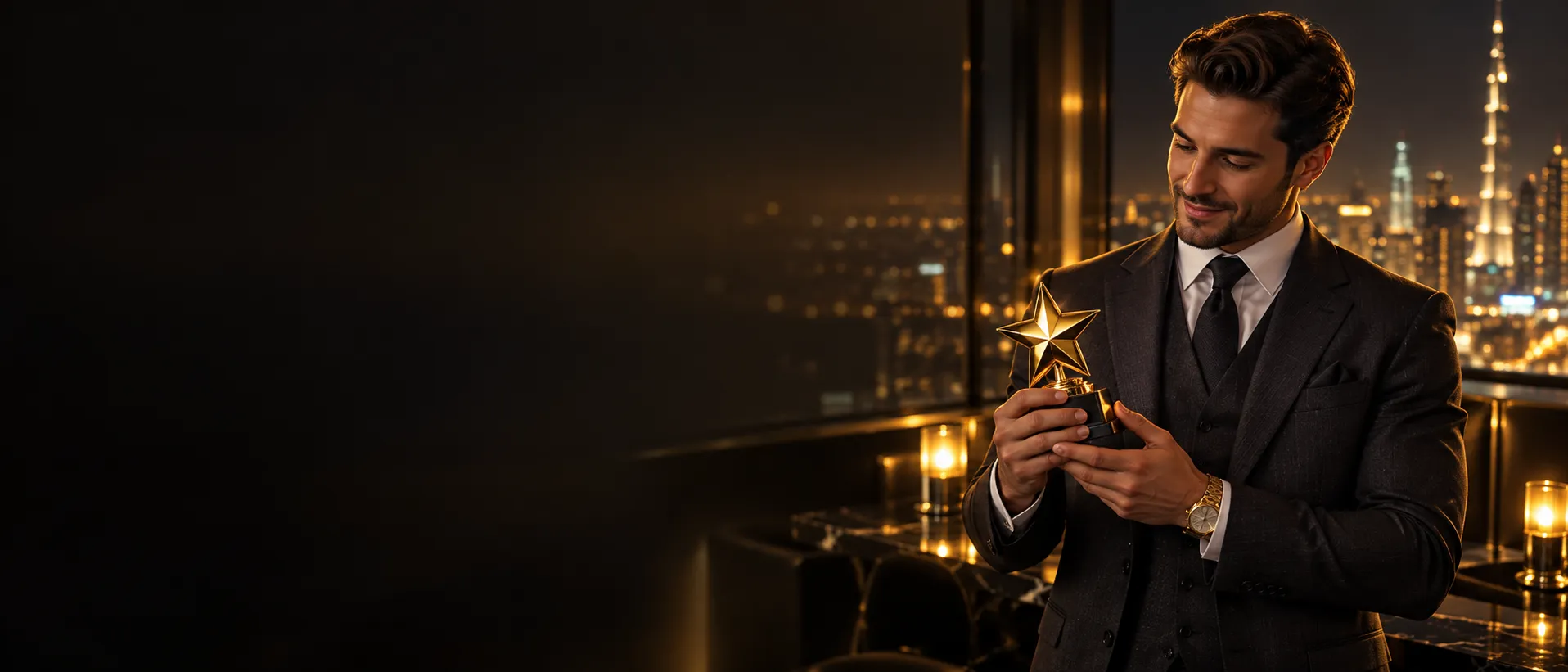 Man in a charcoal suit holding a golden star trophy at a rooftop sky bar