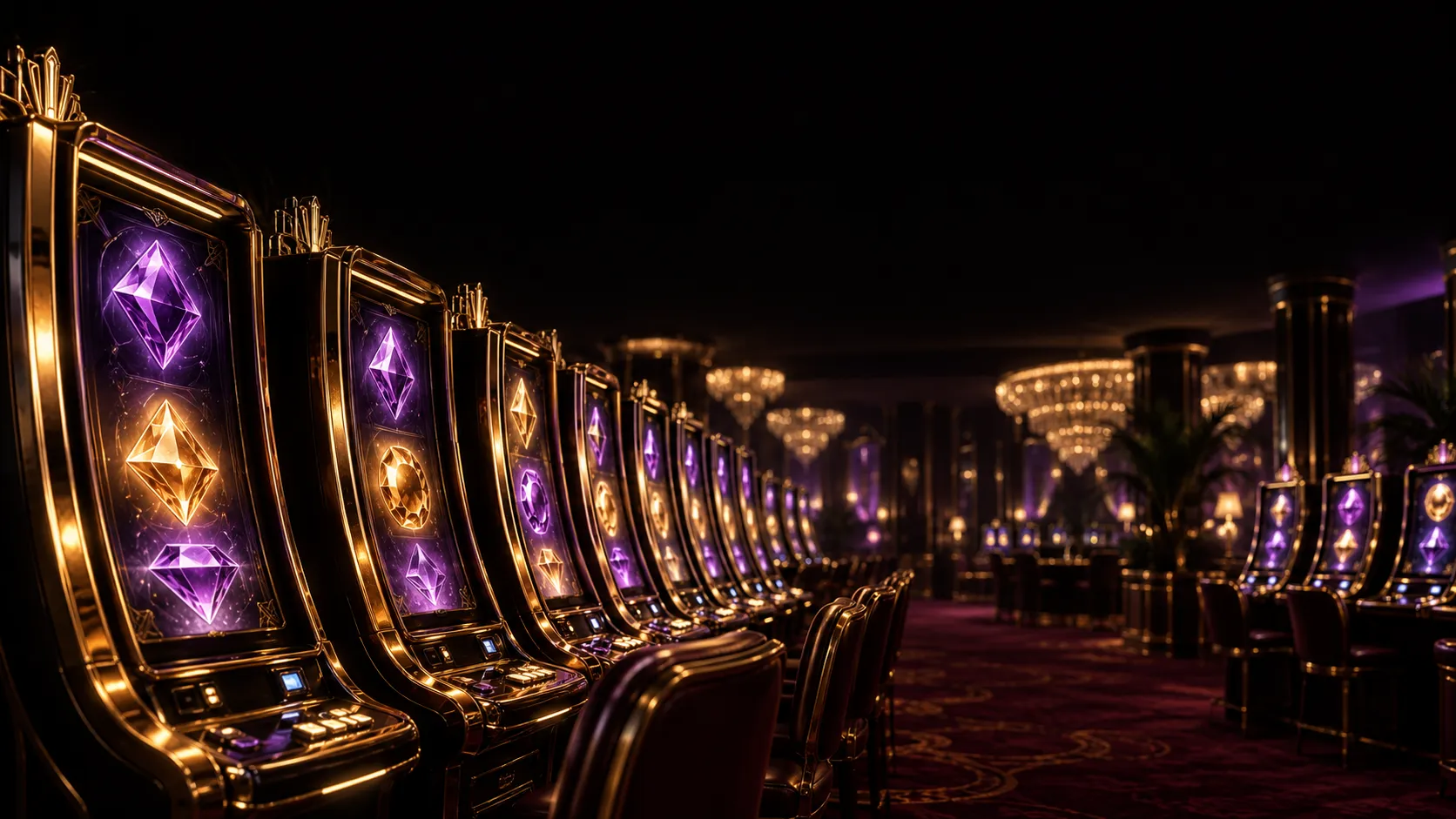 Row of glowing slot machine cabinets softly blurred in the background