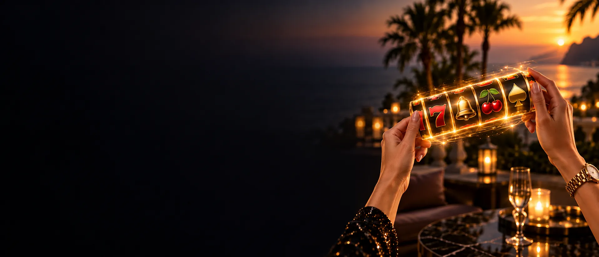 Hands holding a glowing spinning reel strip on a seaside casino terrace