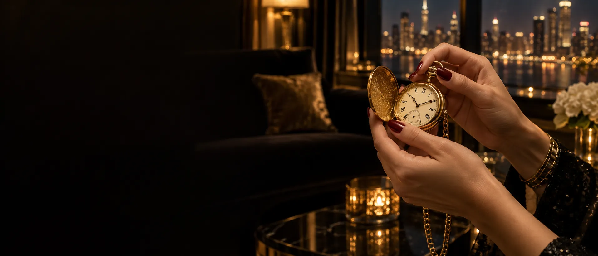 Hands holding an open gold pocket watch in a hotel suite with city views