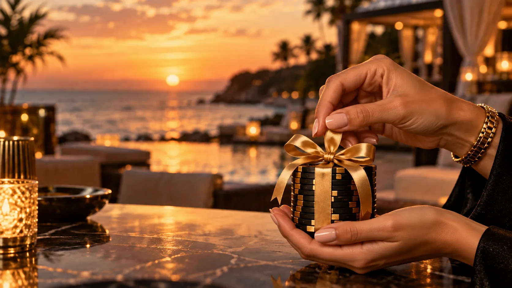 Hands presenting a ribbon-tied stack of casino chips at a sunset beach club, echoing the Here2Win Casino welcome package
