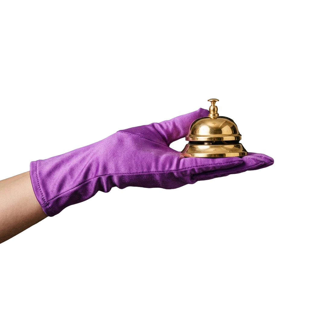 Hand in a purple satin glove ringing a gold service bell