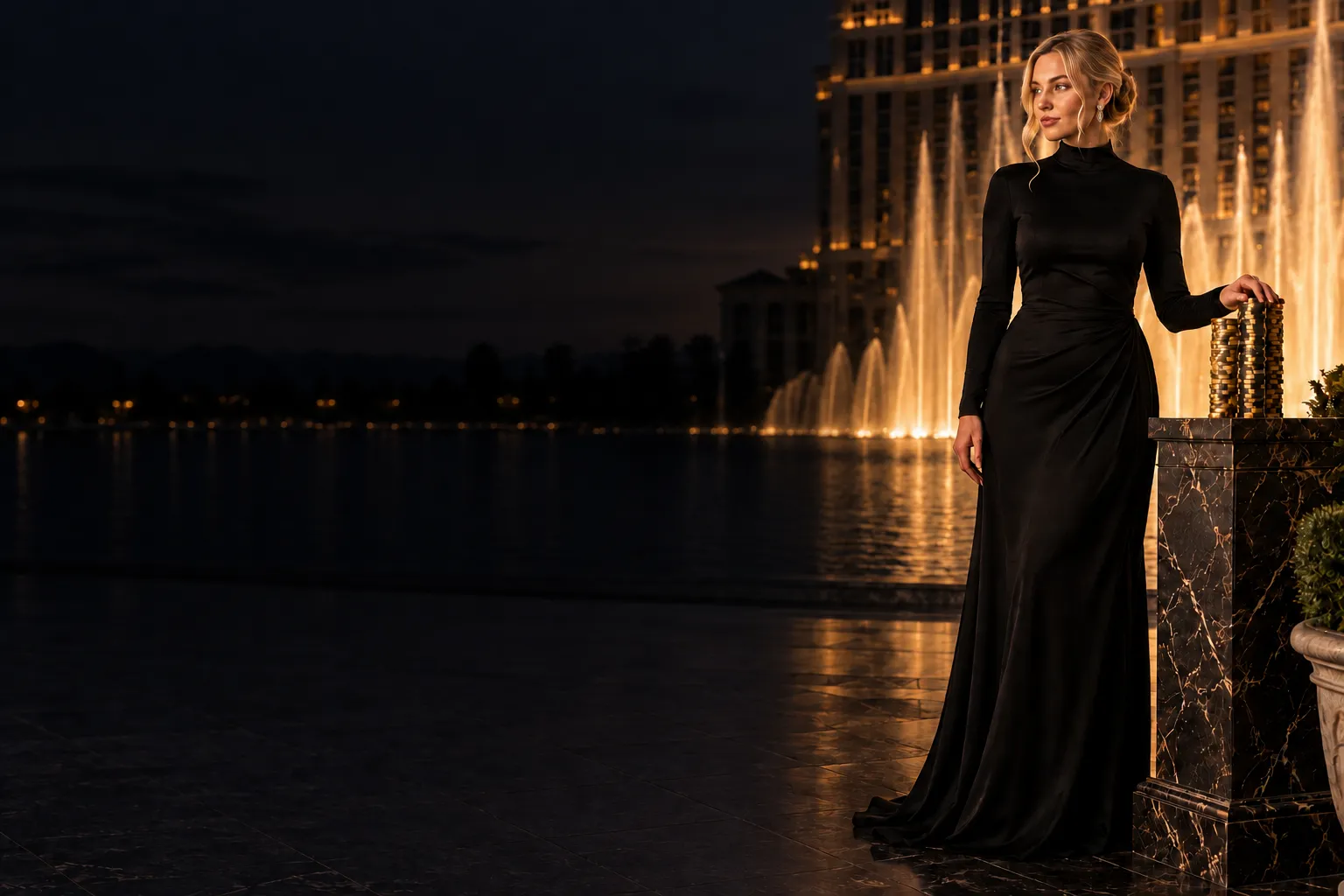 Glamorous woman beside a towering stack of casino chips at a fountain-lit plaza