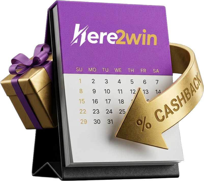 Purple desk calendar marking the week's reload days at Here2Win Casino